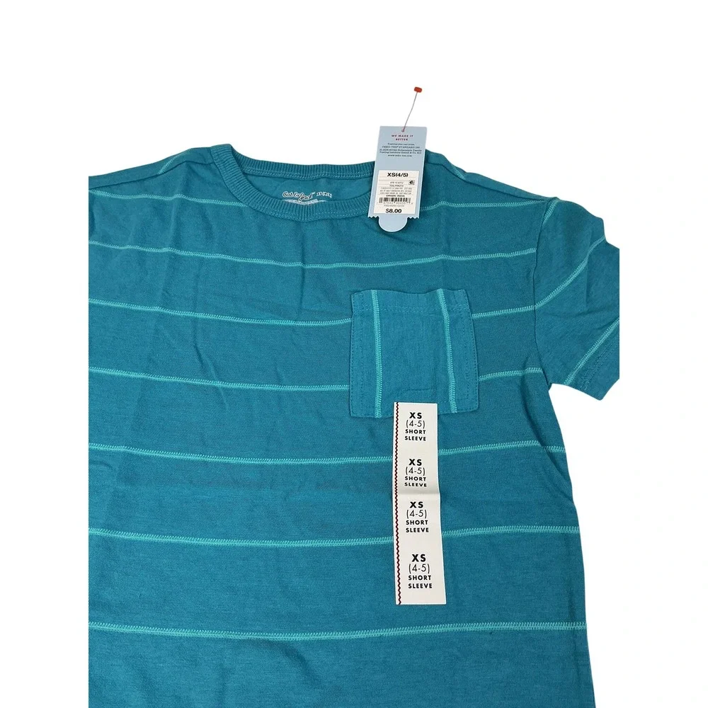 Cat & Jack Kids XS 4/5 Teal Striped Pocket T-Shirt Lot‎ of 2 New with Tags